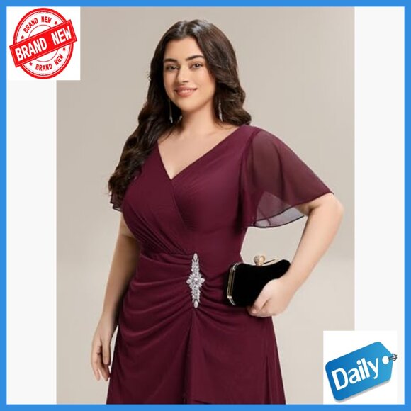 Plus Size V-Neck Chiffon Maxi Dress with Rhinestones Slit Formal - Picture 5 of 6